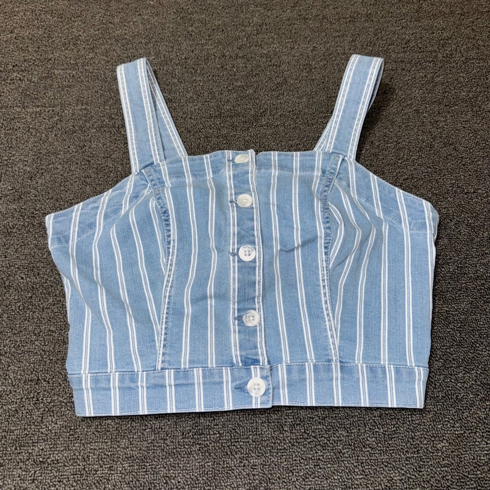OAT New York Blue White Striped Button Front Smocked Back Denim Crop Top Medium